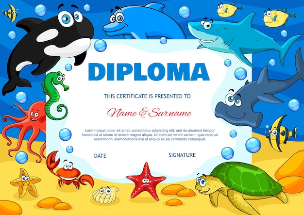 Vector diploma de educación con animales submarinos de dibujos animados