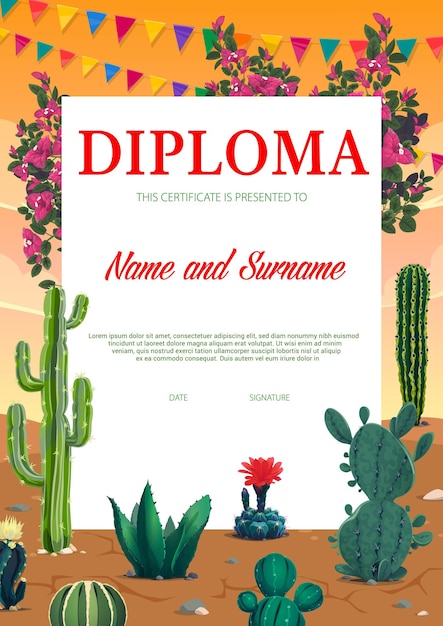 Diploma de educación con cactus en el desierto mexicano