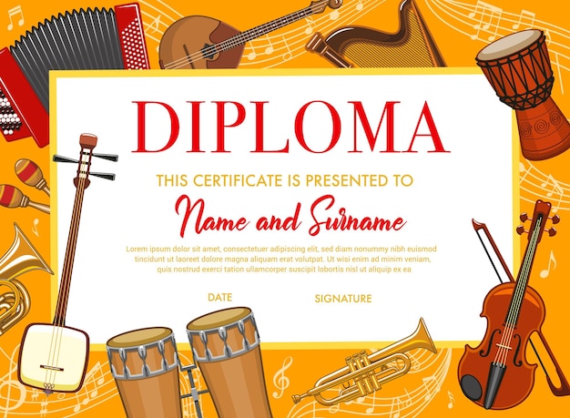 Vector diploma de educación para niños con instrumentos musicales.