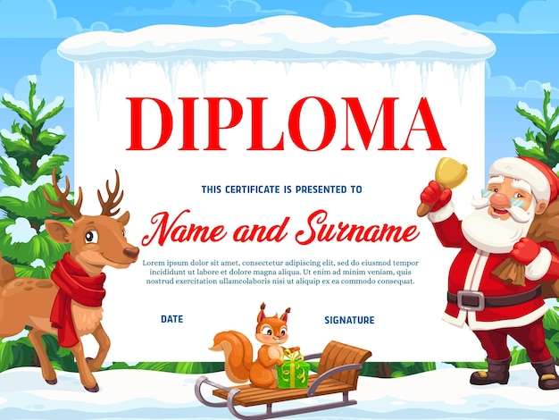 Diploma de educación con personajes navideños.