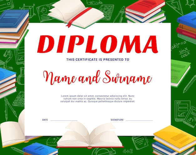 Vector diploma escolar para niños con libros y libros de texto.