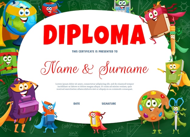 Diploma infantil con personajes de papelería escolar.