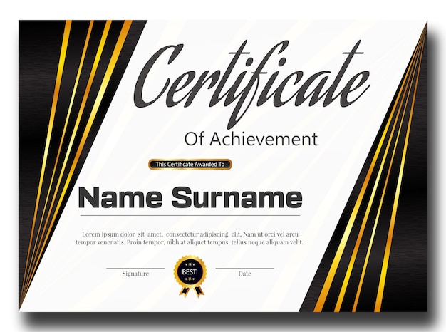 un diploma negro y amarillo nuevo vector profesional que dice premios de logro