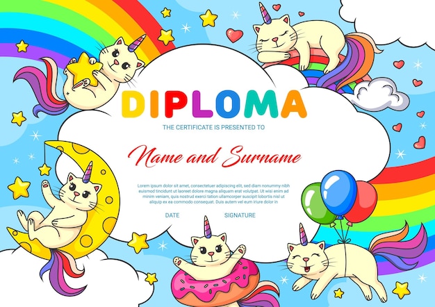 Diploma para niños con alegre carácter caticorn