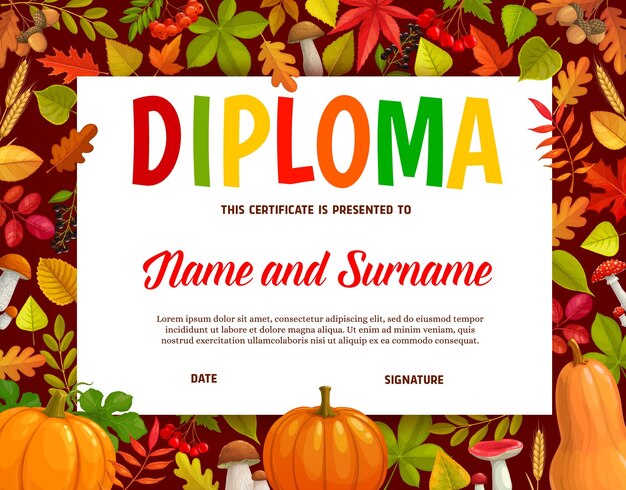 Diploma de niños con calabaza de acción de gracias