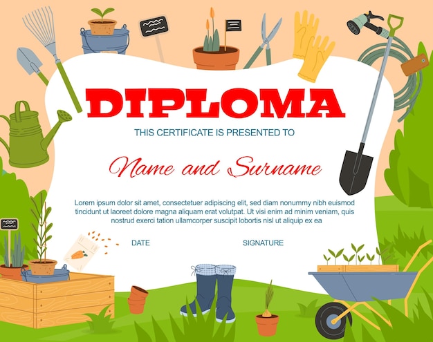 Vector diploma para niños certificado de educación en herramientas agrícolas