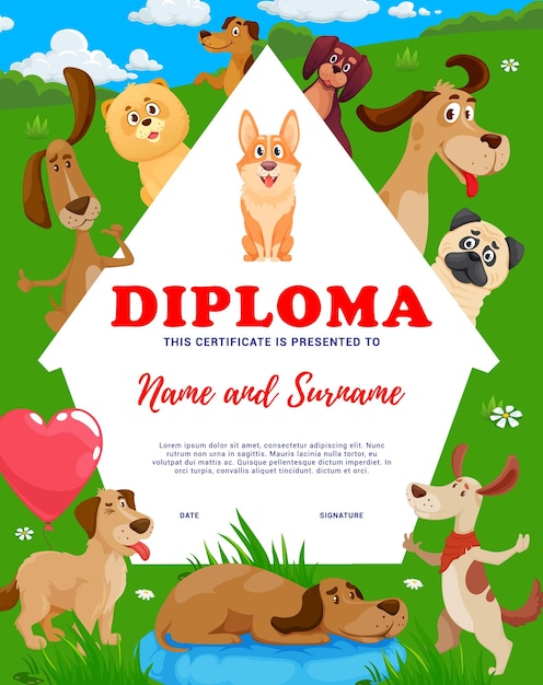 Vector diploma para niños certificado de perros y cachorros de dibujos animados