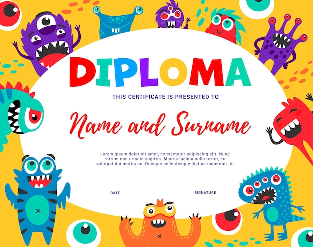 Diploma para niños con divertidos personajes de monstruos.