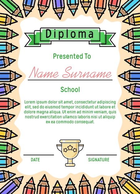 Diploma para niños en el fondo de lápices de colores plantilla para anuncio de certificado