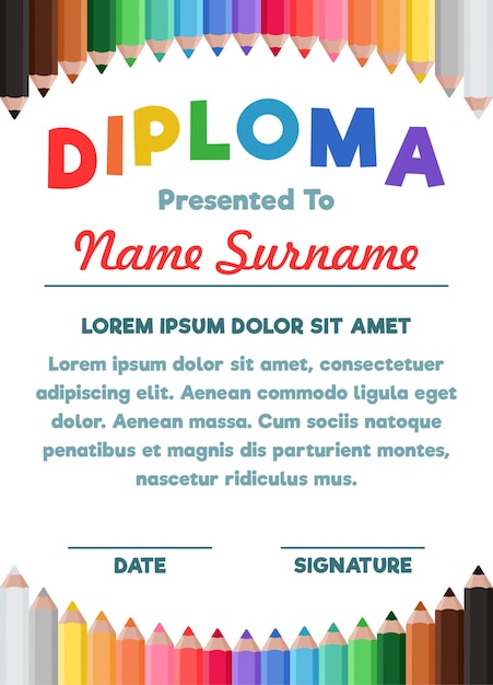 Diploma para niños en el fondo de lápices de colores Plantilla para certificado anuncio certificado de reconocimiento premio Ilustración vectorial