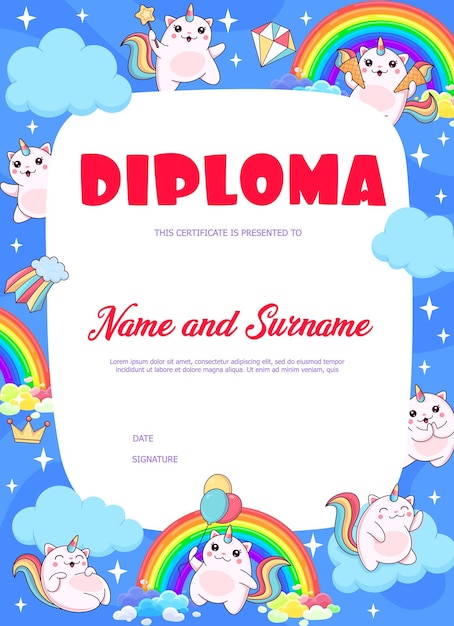 Diploma para niños con gatito y gatito personajes lindos en el arco iris Certificado de logro para niños ganador de la competencia Premio vectorial o plantilla de diploma con gatito mágico o personaje de gatito de hadas