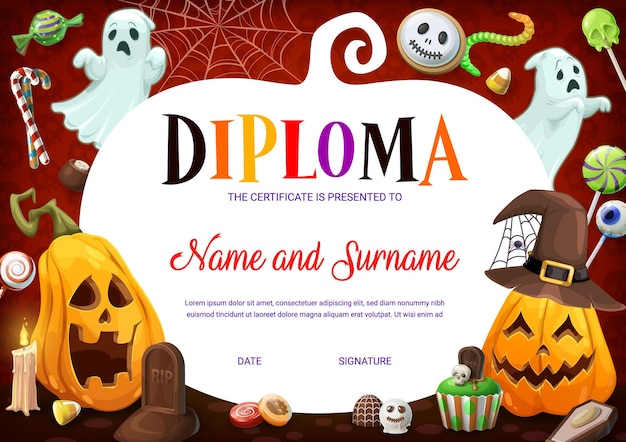 Vector diploma de niños de halloween con dulces de calabaza fantasma