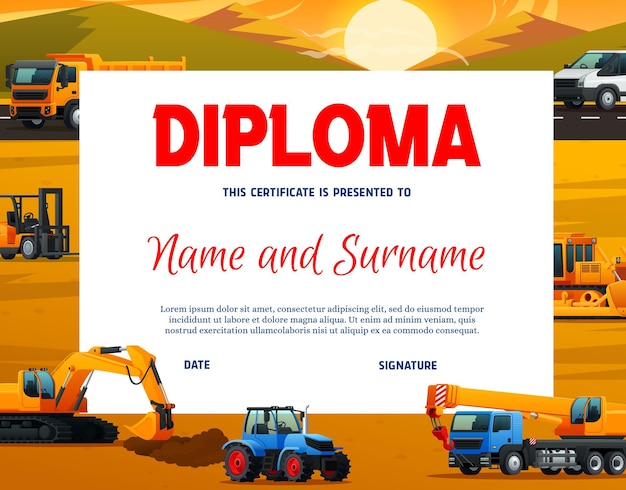 Diploma de niños con maquinaria de la industria de la construcción.