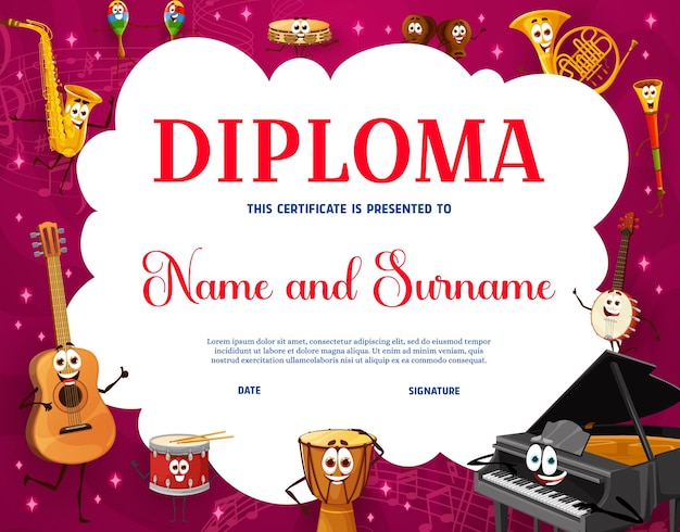 Vector diploma para niños con personajes de instrumentos musicales.