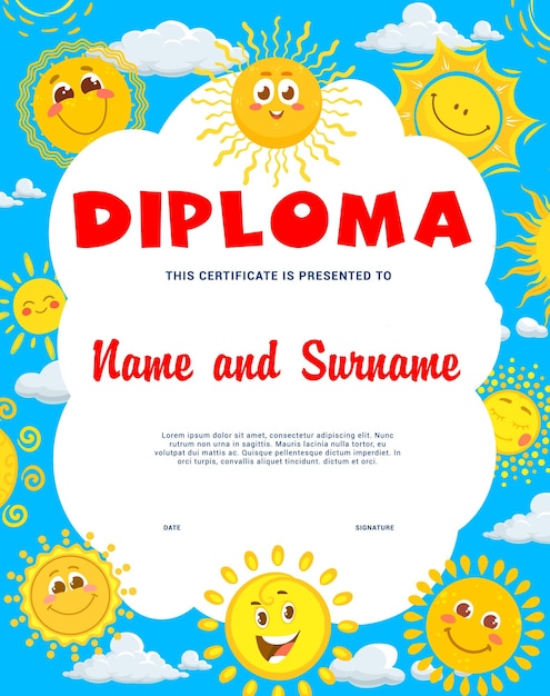 Diploma de niños con personajes de sol sonriente de dibujos animados