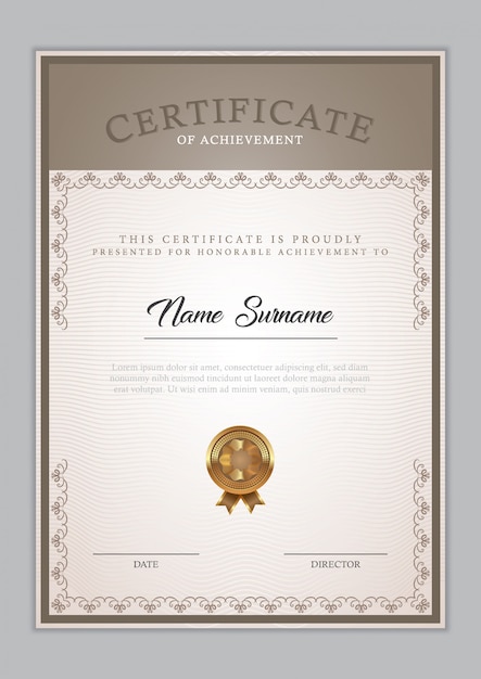 Diploma de plantilla de certificado con adorno de borde, sello y texto de muestra.