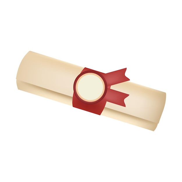 Diploma de primer plano de desplazamiento de papel con cinta amarilla aislada sobre fondo blanco Desplazamiento de grado de graduación con medalla Educación certificado icono de desplazamiento de graduación Ilustración de vector 3D