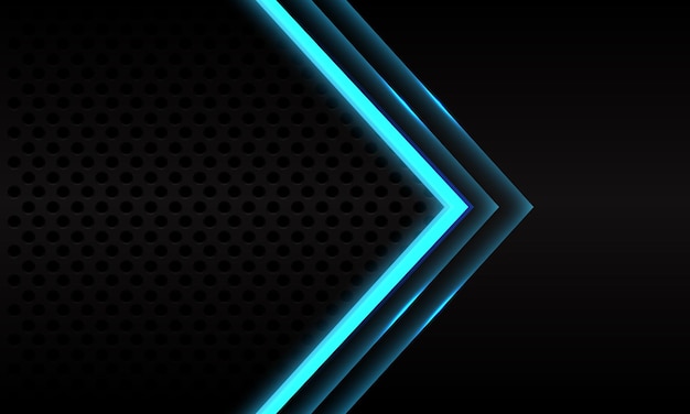 Dirección de flecha de neón azul abstracto sobre fondo futurista moderno de diseño de patrón de malla de círculo metálico negro