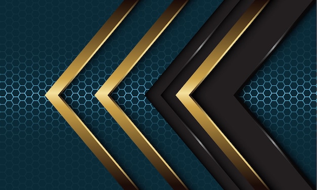 La dirección de la flecha de oro metálico gris abstracto se superpone en el fondo de malla hexagonal de acero azul oscuro moderno