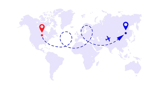 La dirección desde el punto hasta el destino en el fondo del mapa mundial. el avion vuela