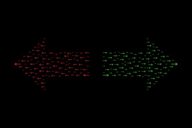 Direcciones opuestas flechas vectoriales en rojo y verde en fondo negro gráfico