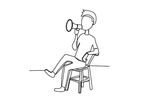 Un director se sienta en una silla dando instrucciones Dibujo de una línea del director