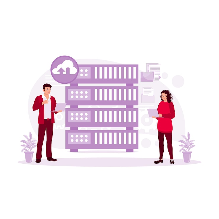 Vector director de tecnología del big data center sosteniendo una computadora portátil en el concepto de base de datos saas del almacén