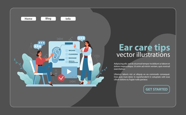 Directrices para el cuidado de los oídos Ilustración vectorial informativa que muestra el proceso de cuidado del oído, incluido