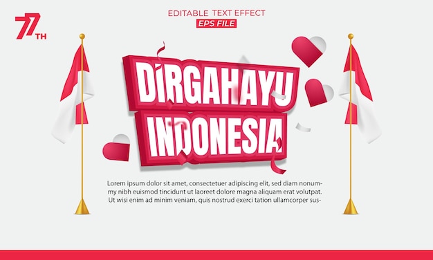 Dirgahayu indonesia efecto de texto 3d. plantilla del día de la independencia de indonesia