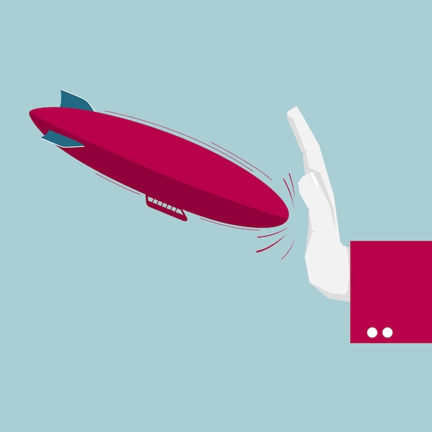 Dirigible y mano dibujados por vectores. Aislado sobre fondo azul.
