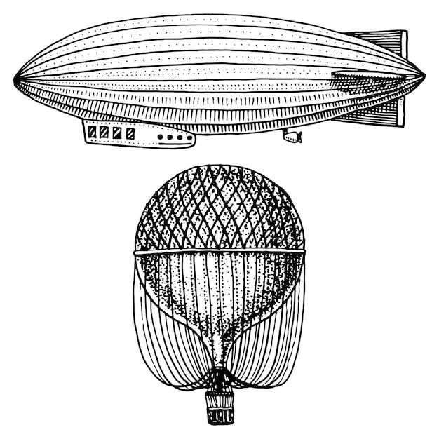 Dirigible o zeppelin y dirigible o dirigible, globo aerostático o ilustración de aerostato.