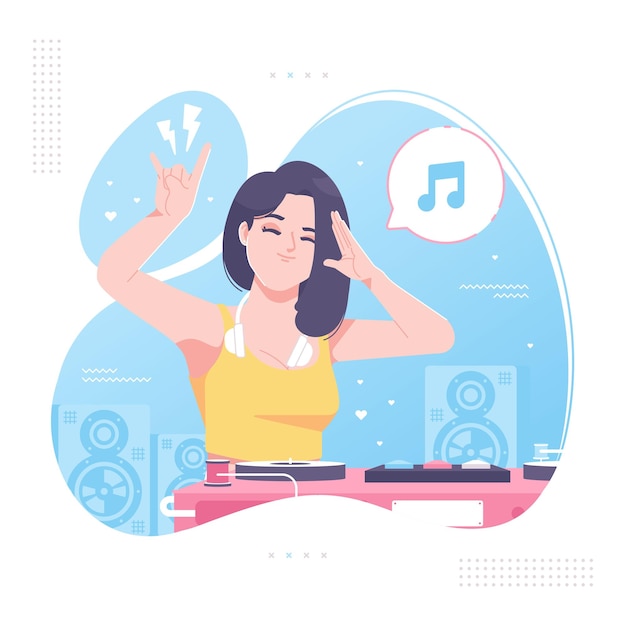 Disc jockey femenino toca la ilustración musical