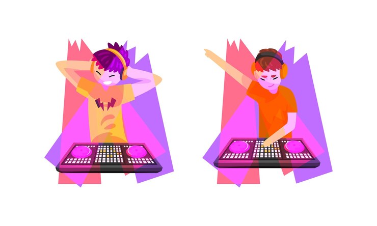 Vector disc jockey o dj de clubes tocando música grabada en el mezclador de consola y mezclando sonido con un conjunto vectorial de tocadiscos
