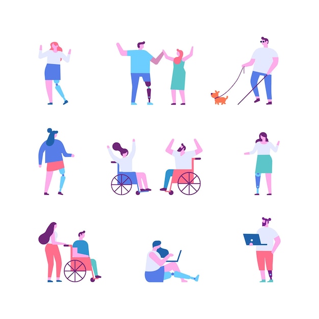 Discapacidad Persona con prótesis silla de ruedas ilustración vectorial plana
