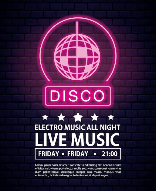 Disco electro music invitation poster luces de neón colores