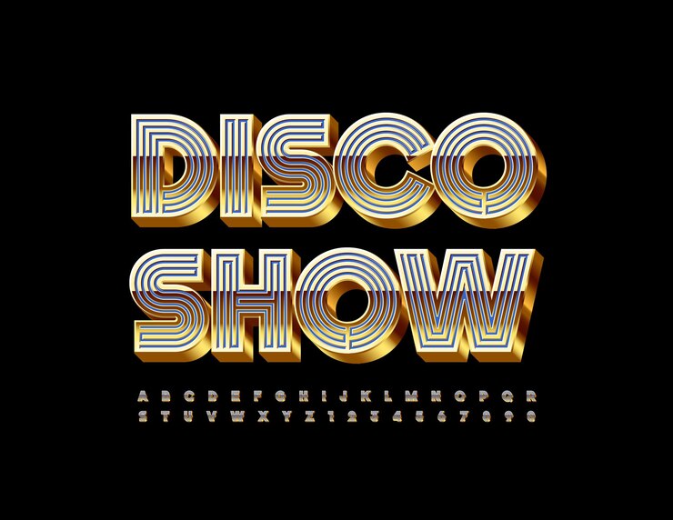 Vector disco show maze style letras y números del alfabeto en azul y oro fuente 3d