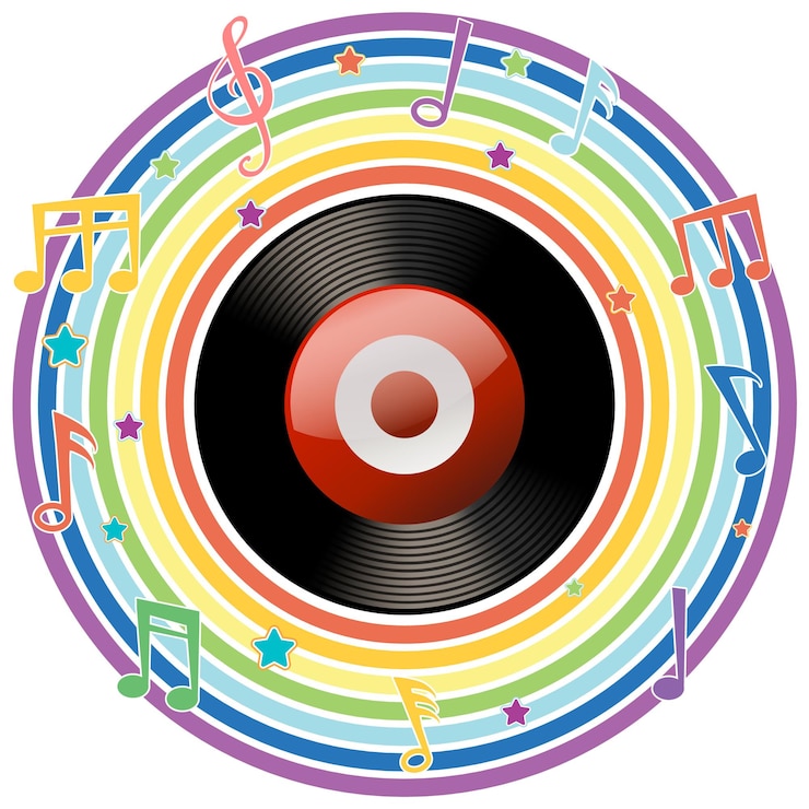 Vector un disco de vinilo colorido con notas musicales