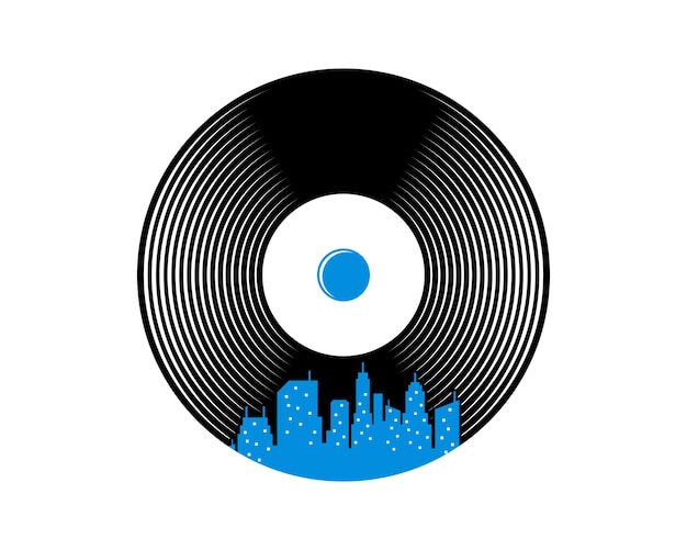 Disco de vinilo con edificio de la ciudad dentro