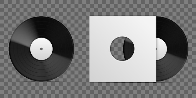 Vector disco de vinilo realista 3d álbum de larga duración plantilla de cubierta de papel en blanco disco musical vintage placa negra embalaje vista frontal sobre de cartón cuadrado vacío con agujero redondo maqueta aislada vectorial