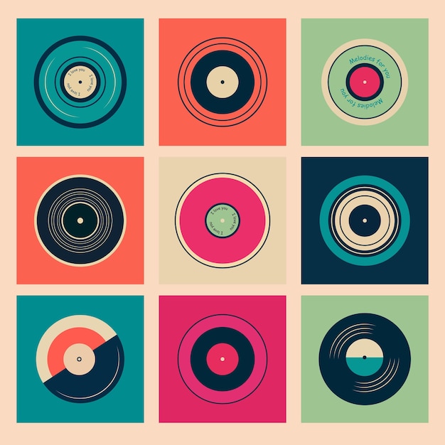 Discos de vinilo abstractos sobre un fondo colorido Ilustración retro vectorial