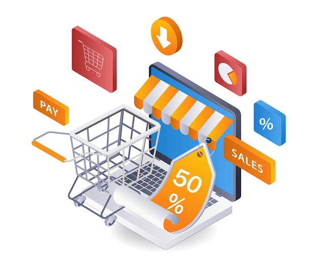 Discote en las compras en línea ecommerce infográfico plano isométrico ilustración 3D