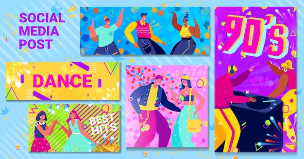 Vector discoteca retro post baile banner fiesta música gente volante cartel mujer brillante club diseño estilo de dibujos animados