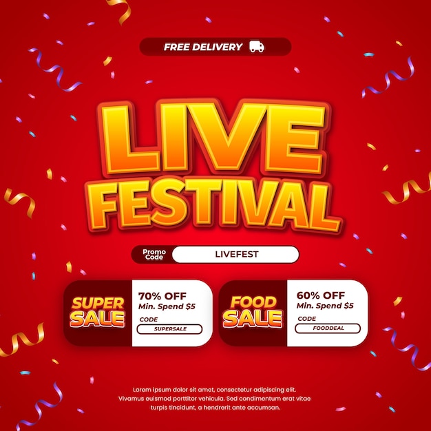 Discuentos de descuento de venta en vivo del festival Gradiente dinámico rojo Texto editable Banner de vales de confeti