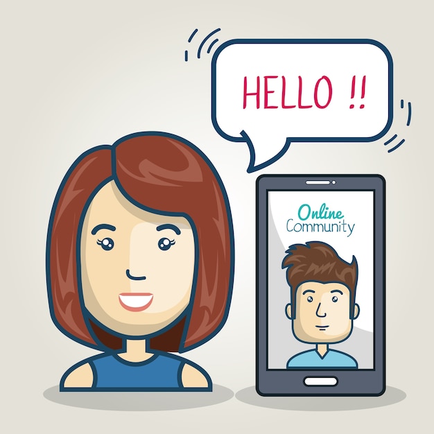 discurso de burbuja en línea de comunidad de smartphone de mujer