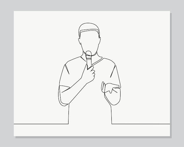 Discurso de hombre con micrófono y mirando confundido ilustración de una línea continua