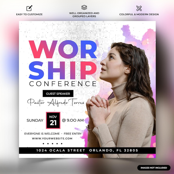 Vector discurso motivacional de la iglesia publicación en redes sociales de instagram plantilla de banner web vector premium