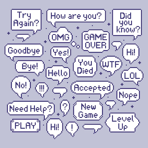 Discurso de píxeles de burbujas. El globo de conversación de videojuegos, el bocadillo de diálogo retro de 8 bits y los juegos de computadora hablan conjunto de ilustración
