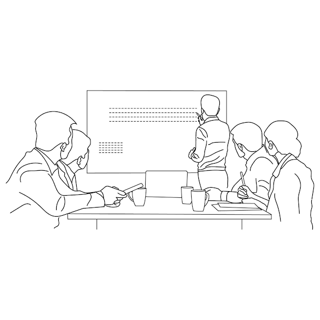 Vector discusión de negocios entre trabajadores en la oficina dibujo a mano ilustración vectorial de línea de arte