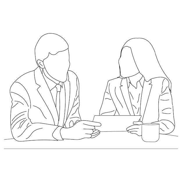 Discusión de negocios entre trabajadores en la oficina dibujo a mano ilustración vectorial de línea de arte