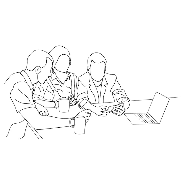 Discusión de negocios entre trabajadores en la oficina dibujo a mano ilustración vectorial de línea de arte
